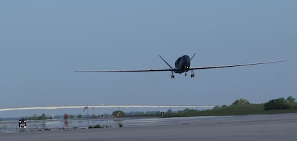 The Navy's Global Hawk Maritime Demonstrator takes off from Naval Air Station Patuxent River, Md., Sept. 13, 2008, for a 24-hour flight in support of a wide area damage assessment mission following Hurricane Ike's landfall. The unmanned vehicle flew over the area, providing imagery of the destruction caused by the hurricane in support of federal, state and local responders to post-landfall recovery operations. U.S. Northern Command continues to support federal, state and local Hurricane Ike response efforts in Texas.