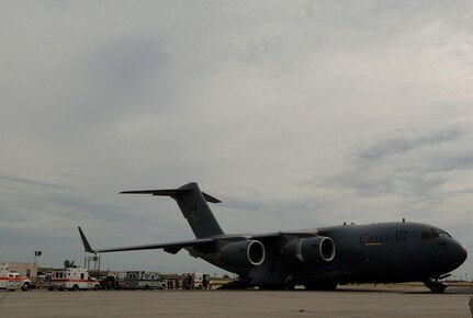 A Canadian C-17 Globemaster III, waits for patients to be loaded at the Lakefront Airport in New Orleans, LA, Aug.31, 2008.  The patients are being evacuated out of New Orleans prior to Hurricane Gustav making landfall.  