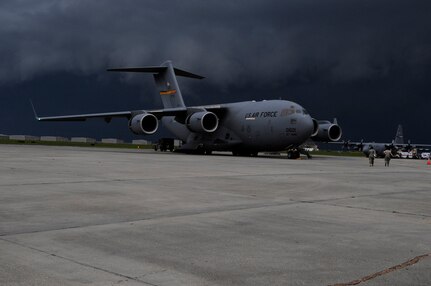 A U.S. Air Force C-17 Globemaster III carrying evacuees of Hurricane Gustav prepares to take off as the hurricane approaches. The Federal Emergency Management Agency and The Department of Defense chartered flights to transport citizens to destinations safely outside the hurricanes path, Aug. 31, 2008.