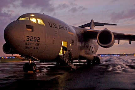 Members of a Mobile Aeromedical Staging Facility team from MacDill Air Force Base, Fla., board a plane headed to Corpus Christi, Texas. The MASF team deployed in support of U.S. Northern Command, which is supporting federal, state and local Hurricane Ike response efforts there.