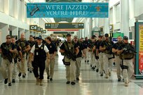 Members of the Federal Air Marshals walk down concourse C during their return to the Louis Armstrong International Airport, New Orleans, Louisiana, after Hurricane Gustav made landfall, , Sep. 3, 2008.  