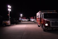 Ambulances line up in Corpus Christi, Texas, Sept. 10, 2008, in preparation for a planned aeromedical evacuation from Hurricane Ike. U.S. Northern Command is supporting federal, state and local Hurricane Ike response efforts in Texas, and aeromedical evacuation capabilities remain on alert pending FEMA requests for assistance.