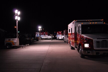 Ambulances line up in Corpus Christi, Texas, Sept. 10, 2008, in preparation for a planned aeromedical evacuation from Hurricane Ike. U.S. Northern Command is supporting federal, state and local Hurricane Ike response efforts in Texas, and aeromedical evacuation capabilities remain on alert pending FEMA requests for assistance.
