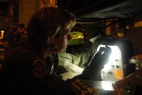 U.S. Air Force Senior Airman Melinda Ford goes through pre-flight procedures at Little Rock Air Force Base, Ark., Sept. 12, 2008, before takeoff to Beaumont, Texas. Ford is part of a combined effort from the 61st Air Wing C-130 aircraft and crews Little Rock Air Force Base and the 908th Aero medical Evacuation Squadron Scott Air Force Base, Ill., that will be evacuating patients in Beaumont, Texas, to Lackland Air Force Base, Texas, in preparation for Hurricane Ike's landfall in southern Texas. 
