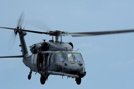 An HH-60 Pave Hawk helicopter assigned to the 331st Air Expeditionary Group conducts search and rescue operations in Galveston, Texas, Sept. 13, 2008, following the landfall of Hurricane Ike. 