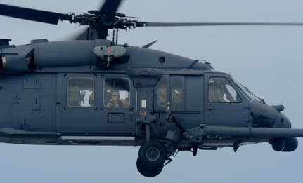 An HH-60 Pave Hawk helicopter assigned to the 331st Air Expeditionary Group conducts search and rescue operations in Galveston, Texas, Sept. 13, 2008, following the landfall of Hurricane Ike.