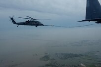 An HH-60 Pave Hawk helicopter assigned to the 331st Air Expeditionary Group conducts search and rescue operations in Galveston, Texas, Sept. 13, 2008, following the landfall of Hurricane Ike. 