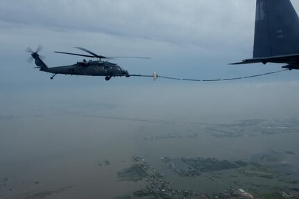 An HH-60 Pave Hawk helicopter assigned to the 331st Air Expeditionary Group conducts search and rescue operations in Galveston, Texas, Sept. 13, 2008, following the landfall of Hurricane Ike. 