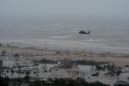 A UH-60 Black Hawk helicopter conducts search and rescue operations in Galveston, Texas, Sept. 13, 2008, following the landfall of Hurricane Ike. 