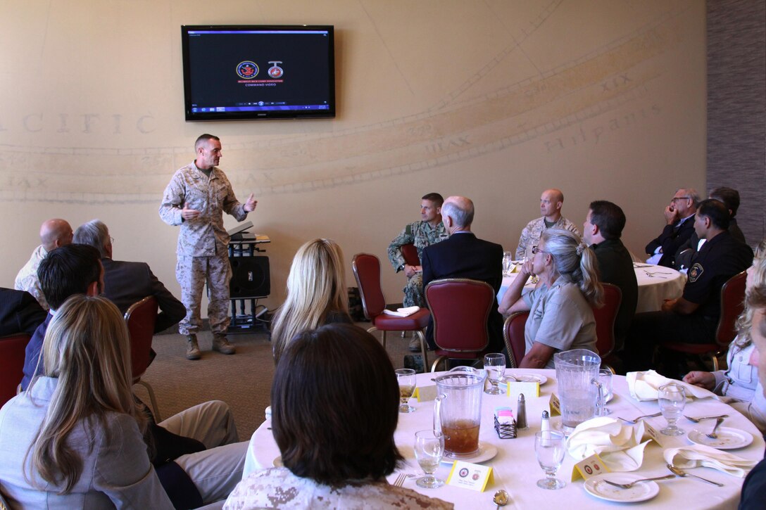 Brig. Gen. Vincent A. Coglianese speaks to the mayor, city council members, city manager and other city officials from San Clemente to further establish the important relationship between them and Camp Pendleton during a luncheon at the Pacific Views Event Center here, June 17. The City of San Clemente is one of only two local communities to have adopted two different units on Camp Pendleton. Coglianese is the base commanding general and regional authority for five military installations in the Southwestern United States.