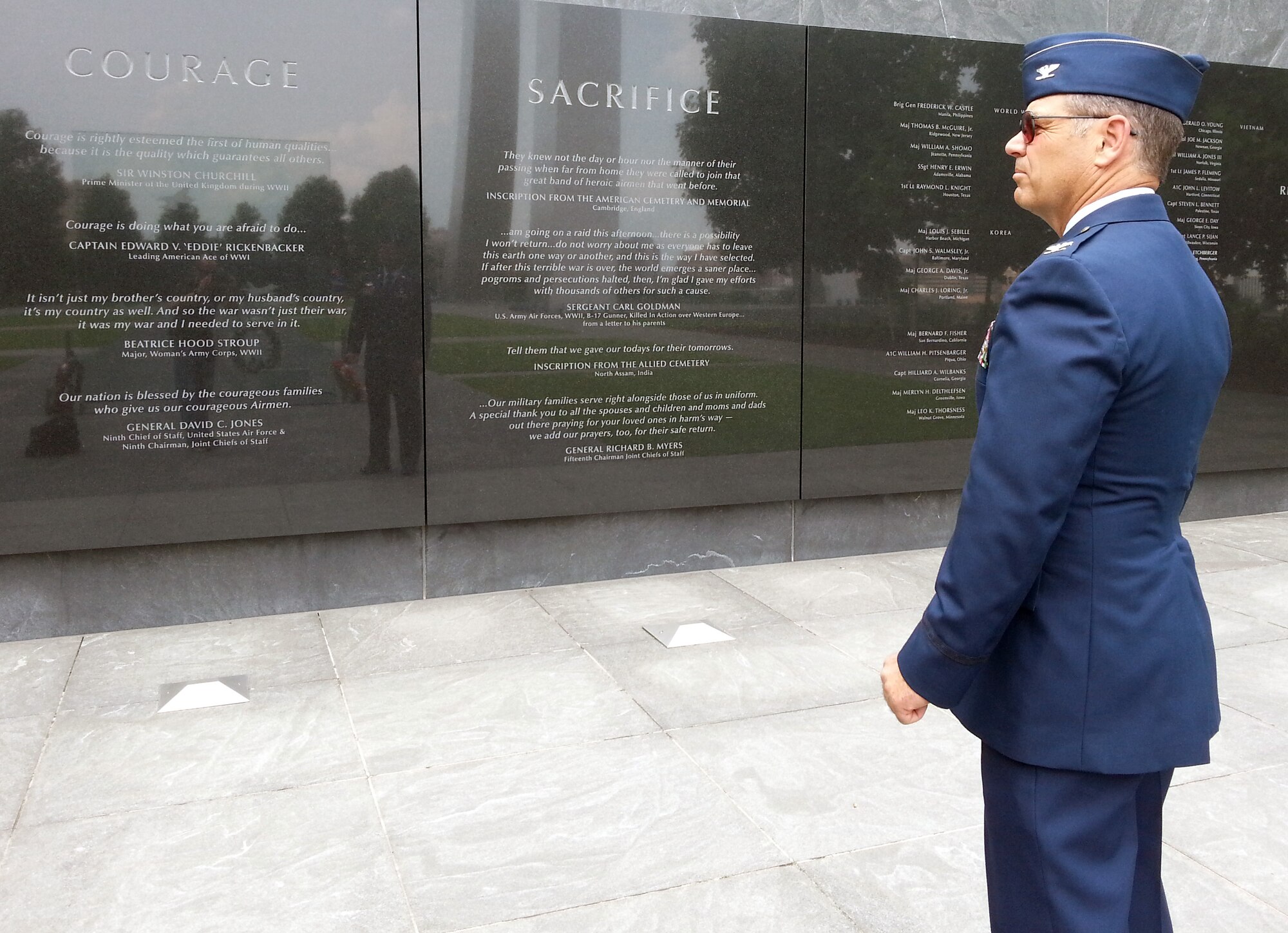 Col. Mark S. Larson, commander of the Air Force Reserve 931st Air Refueling Group, McConnell Air Force Base, Kan., visits the Air Force Memorial in Arlington, Va., June 17, 2013.  Larson was in the nation's capitol conducting visits with congressional members as part of the Commander's Capitol Hill Visit Program, during which commanders of Air Force Reserve units provide firsthand information and updates to congressional members.  (U.S. Air Force photo by Capt. Zach Anderson)