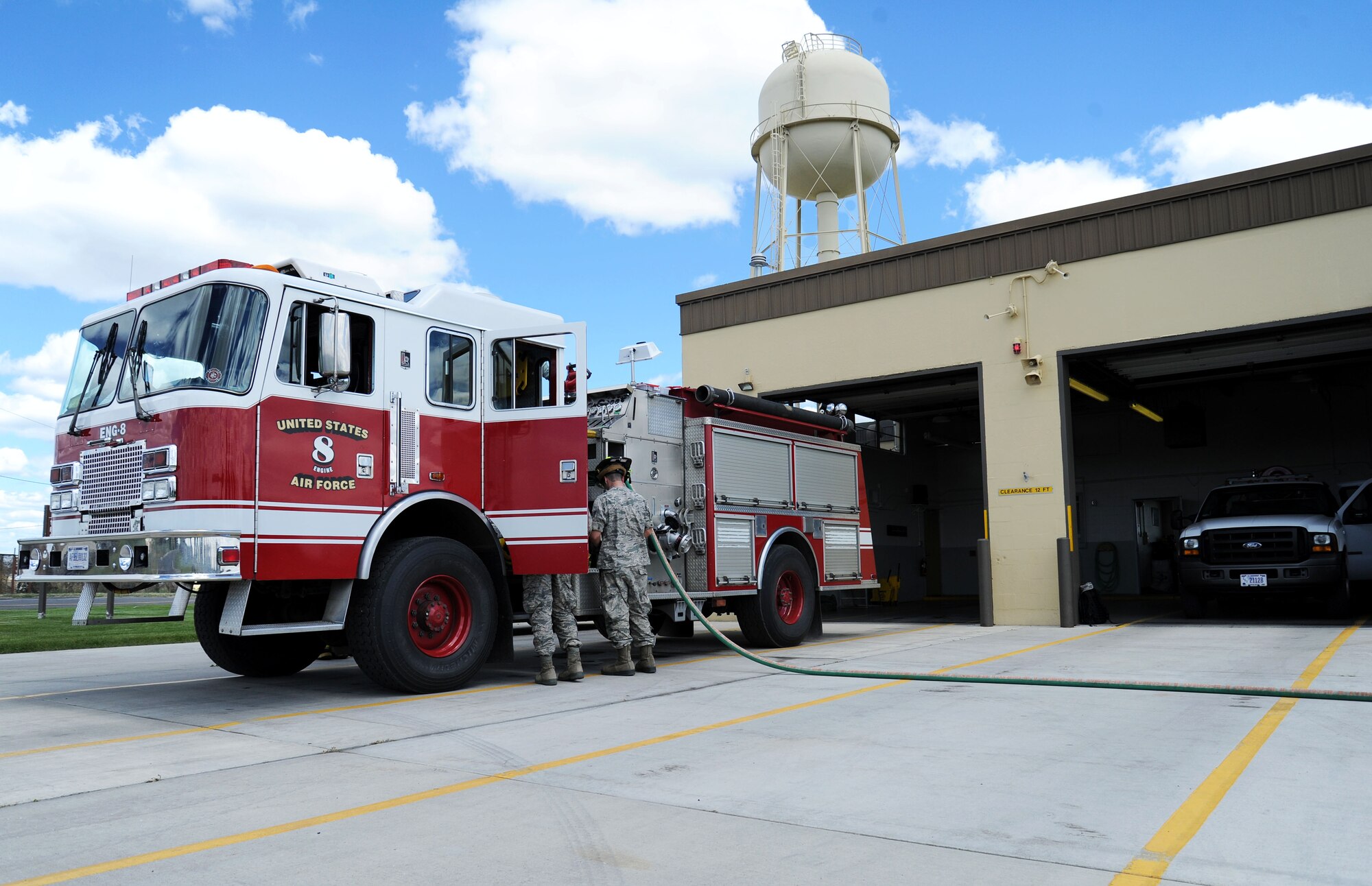 The P-24 Engine 8 firefighting vehicle can carry 750 gallons of water and 50 gallons of aqueous film forming foam. It also carries firefighting equipment such as medical bags, chainsaws and other tools. (U.S. Air Force photo by Airman 1st Class Janelle Patiño/Released)
