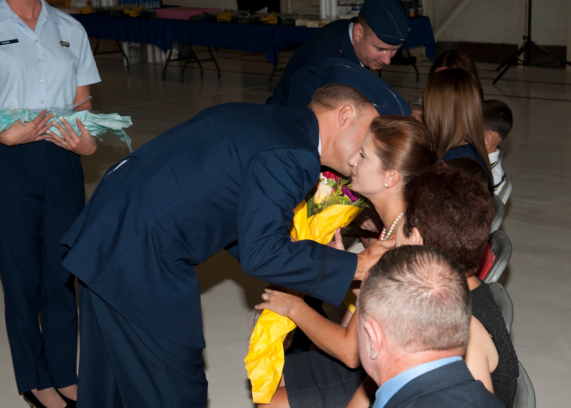 Lieutenant Col. Anthony Nance, 49th Aircraft Maintenance Squadron outgoing commander, thanks his family for their support during his time as commander during a change of command ceremony at Holloman Air Force Base, N.M., June 14. As the commander, Nance was responsible for the morale, welfare, training and discipline of more than 300 personnel. His squadron maintained 24 combat ready F-22 raptors in support of the 7th Fighter Squadron’s taskings. (U.S. Air Force photo by Airman 1st Class Daniel E. Liddicoet/Released)