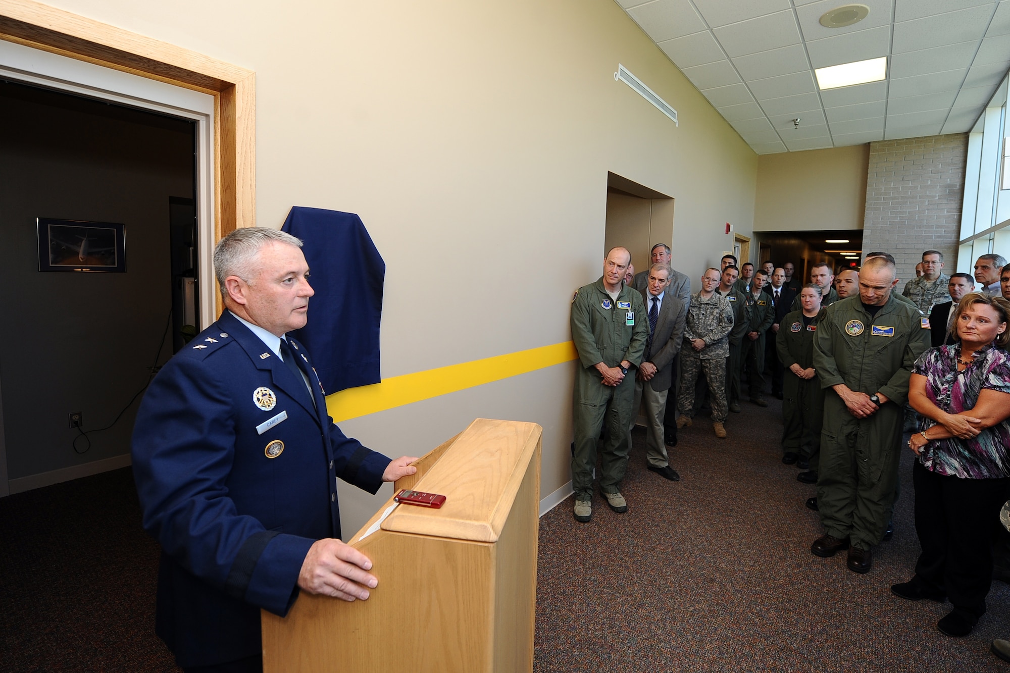 U.S. Air Force Maj. Gen. Michael Carey, 20th Air Force and U.S.
Strategic Command Task Force 214 commander, speaks at a memorialization
ceremony June 13 in the Campisi Alert Facility at Offutt Air Force Base,
Neb. STRATCOM officials dedicated a room in the facility in honor of U.S.
Air Force Maj. Gen. Joseph D. Brown IV, former U.S. STRATCOM Nuclear
Operations deputy director. (Photo by Josh Plueger/Released)
