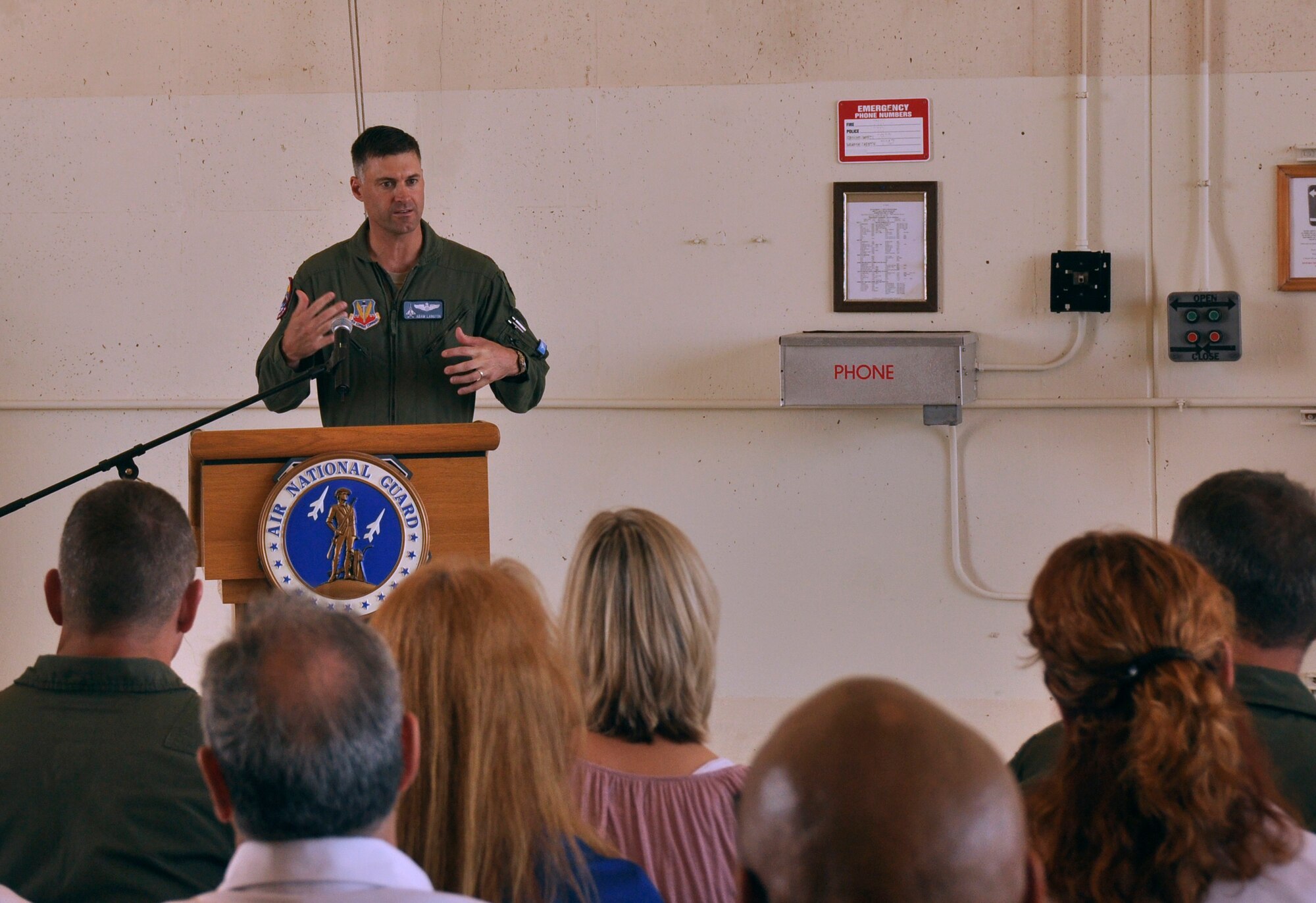 Maj. Adam Langton, new commander of Florida Air National Guard’s 125th Fighter Wing, Detachment 1, addresses the crowd during a change of command ceremony at Homestead Air Reserve Base, Fla., June 14. Langton, previously the Director of Operations for Detachment 1, replaces Lt. Col. James Spooner, who has been the Detachment 1 commander for the last 31 months. (U.S. Air Force photo/Senior Airman Jaimi Upthegrove)