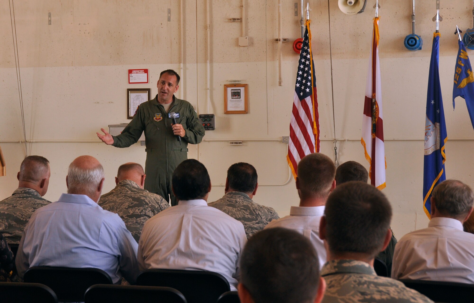 Lt. Col. James Spooner, previous commander of the Florida Air National Guard’s 125th Fighter Wing, Detachment 1, addresses the crowd during a change of command ceremony at Homestead Air Reserve Base, Fla., June 14. Maj. Adam Langton, previously the Director of Operations for the 125th FW, Detachment 1, replaces Spooner, who has been the Detachment 1 commander for the last 31 months. (U.S. Air Force photo/Senior Airman Jaimi Upthegrove)