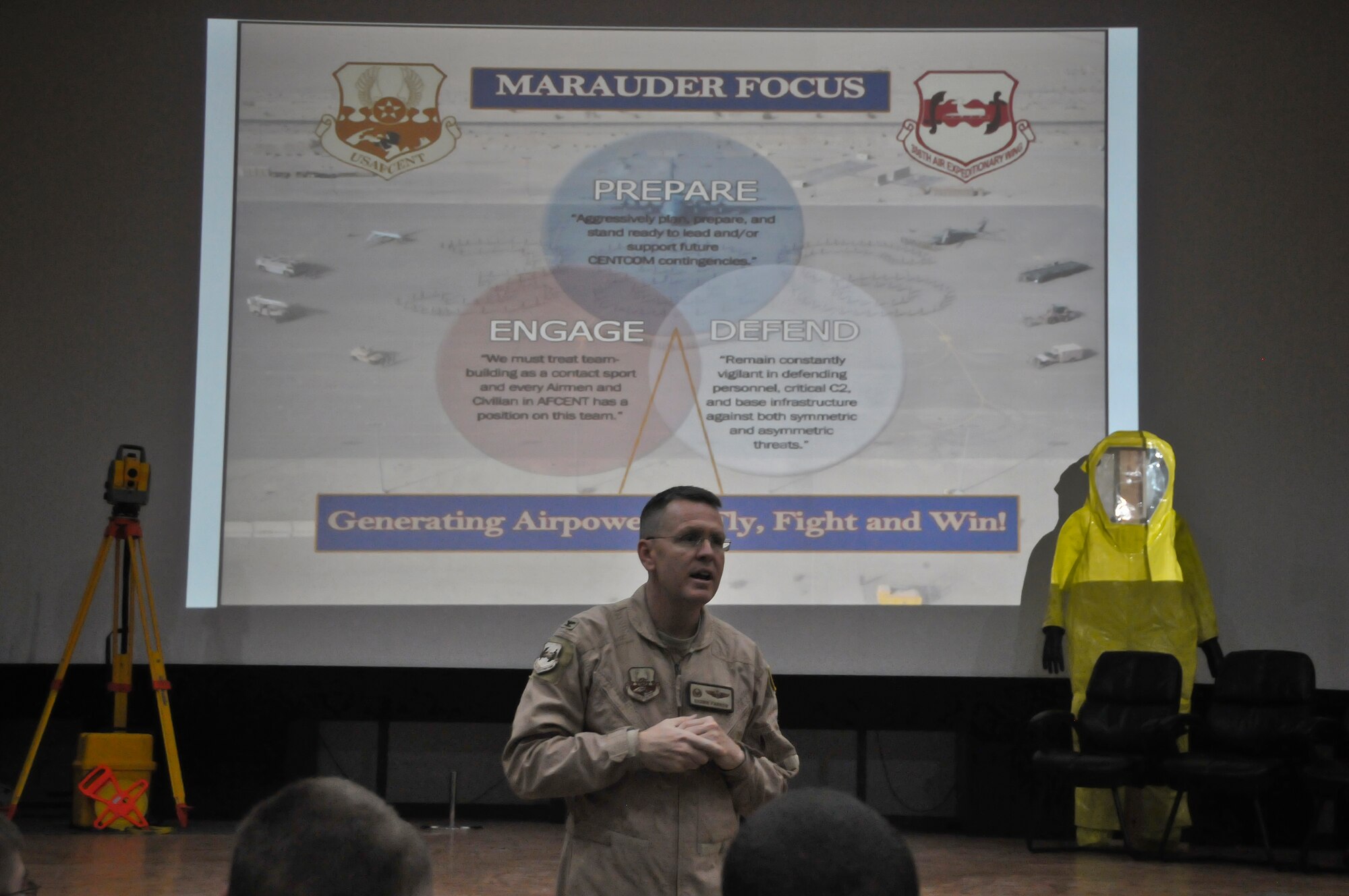 Col. David Farrow, 386th Air Expeditionary Wing Commander, addresses a group of Airmen during thier "Right Start" briefing at their deployed location at an undisclosed base in Southwest Asia Tuesday, June 11, 2013.   (U.S. Air Force photo by 1st Lt. Nathan Wallin)   