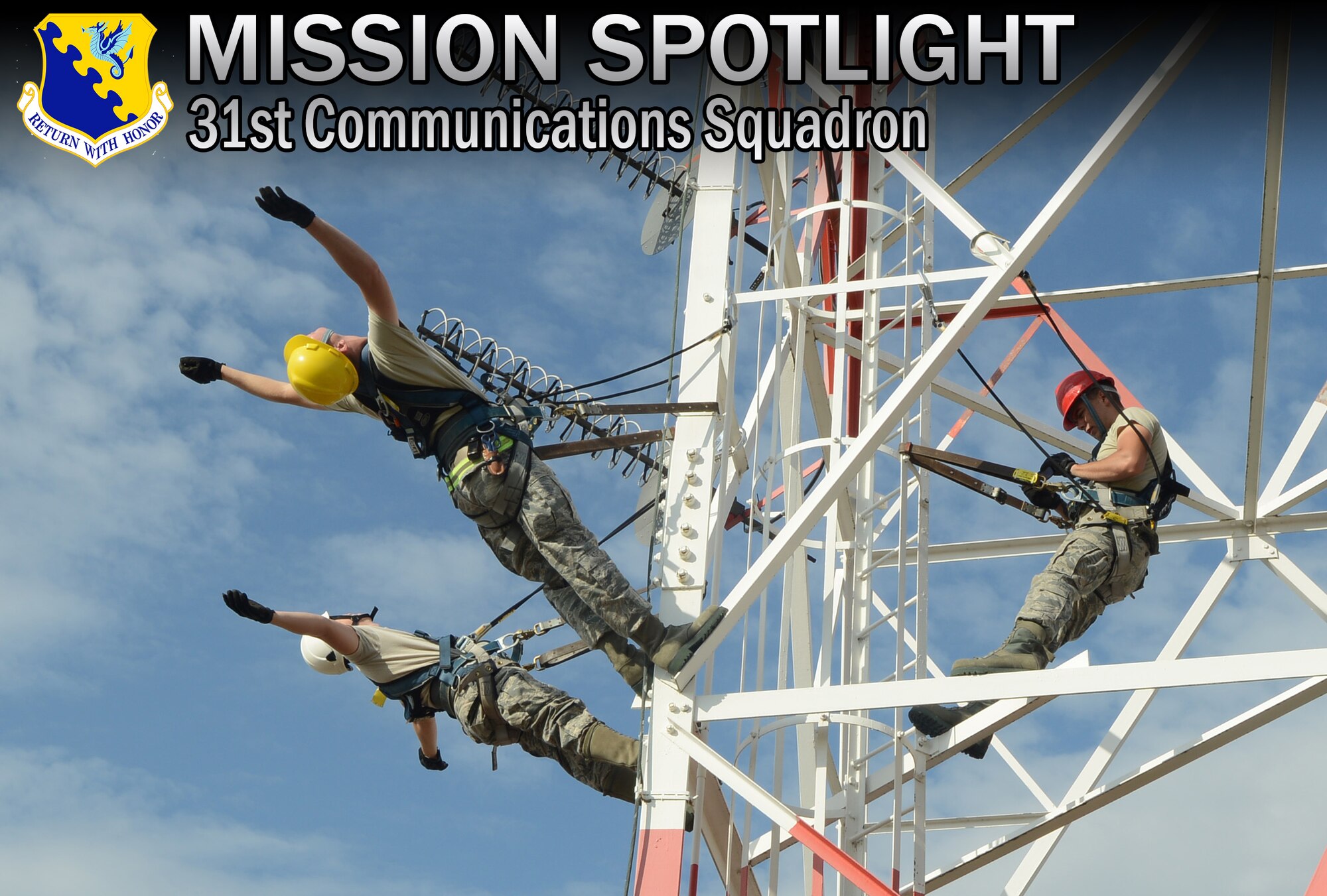 Senior Airmen Skyler Shull and Tony Terry and Airman 1st Class Austin Johnson perform antenna maintenance training June 12, 2013, at Aviano Air Base, Italy. The training included different maintenance techniques, which help them to trust their rappelling equipment. Johnson, Shull and Terry are K-1 antenna system technicians with the 31st Communications Squadron. (U.S. Air Force photo/Senior Airman Michael Battles)