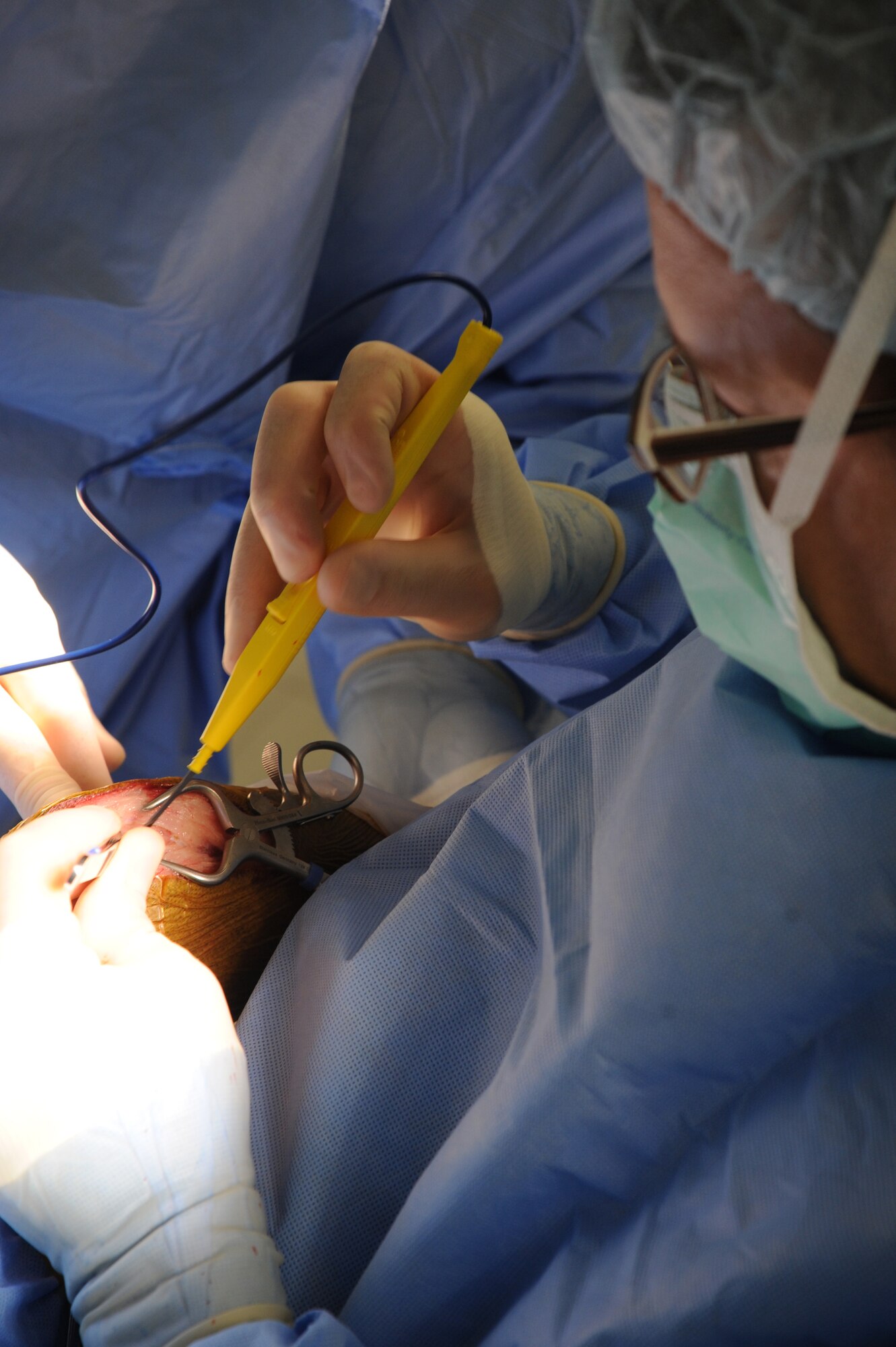 Maj. Kent Vince, Public Health Command District-Northern Europe, Dog Center Europe director, performs surgery on a dog’s leg, June 4, 2013, Pulaski Barracks. The vet clinic sees more than 40 clients a day and does more than 300 vaccinations in a month, making it the second busiest vet facility overseas. (U.S. Air Force photo/Airman 1st Class Hailey Haux)