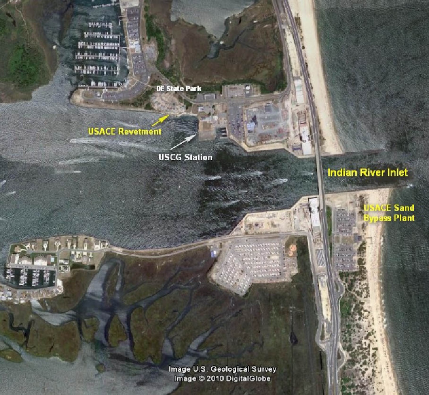 The Indian River Inlet & Bay project provides a safe navigation channel for commercial, recreational and U.S. Coast Guard use. Indian River Inlet is the only water access point into the Delaware Inland Bay area that includes Indian River Bay and Rehoboth Bay.