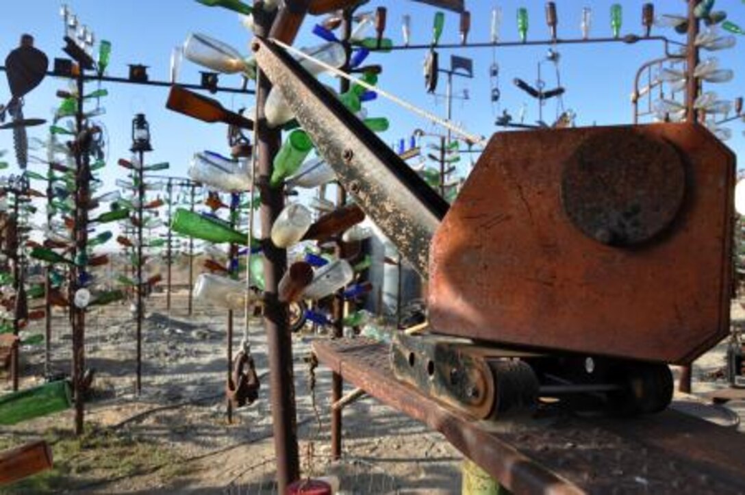 An antique toy crane is displayed at Elmer Long's Bottle Tree Ranch in Oro Grande, Calif., along U.S. Route 66. Long's famous attraction gets hundreds of visitors a year who stop to take photos and strike up conversation with Long while on their way up and down "America's Highway."


