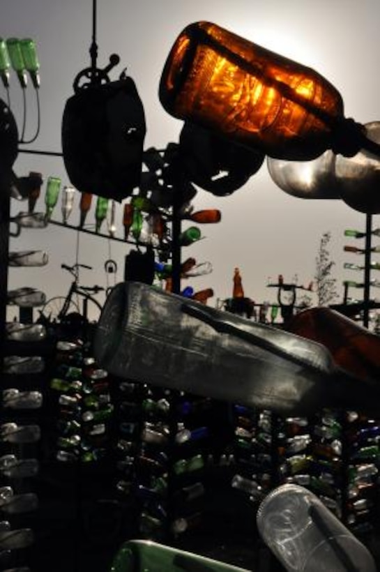 Hundreds of antique bottles on metal rods are displayed at Elmer Long's Bottle Tree Ranch in Oro Grande, Calif., along U.S. Route 66. Since 2000, Long's forest of bottle trees has grown from several wooden posts with his father's bottles, to metal rods holding a plethora of glass bottles.


