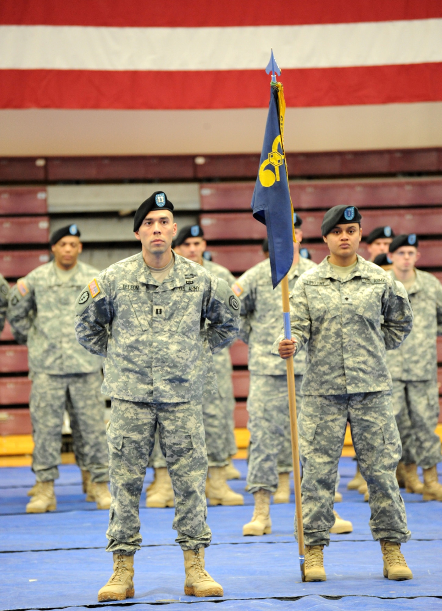 JOINT BASE ELMENDORF-RICHARDSON, Alaska -- Soldiers assigned to the 95th Chemical Company on Joint Base Elmendorf-Richardson take part in a deployment ceremony June 6 at JBER's Buckner Physical Fitness Center. The 95th Chem. is deploying to Kuwait for nine months to provide a Chemical, Biological, Radiological and Nuclear reconnaissance, decontamination, detection, surveillance and consequence management capability to the U.S. mission in that country. (U.S. Air Force photo/Senior Airman Blake Mize)