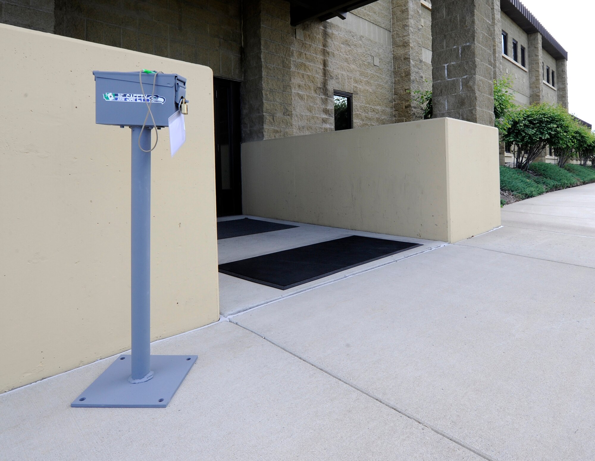 The “Anonymous Safety Can” is placed outside of buildings around  base at Fairchild Air Force Base, Wash., June 13, 2013. Members of Team Fairchild can anonymously comment their concerns on anything they feel is unsafe or could be improved. (U.S. Air Force photo by Airman 1st Class Ryan Zeski)