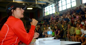 Mia Hamm, former soccer Olympian, talks about her experience as a military child, June 15, 2013, at Fort Eustis, Va. Hamm's father was a U.S. Air Force pilot, and during the event she spoke about growing up in the Air Force. (U.S. Air Force photo by Airman 1st Class Austin Harvill/Released)