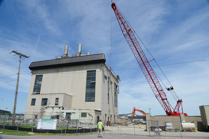 The demolition process is set to begin at Building 617 with the removal of the upper skirting June 5, 2013, at Dover Air Force Base, Del. The plant was replaced with a natural gas heating system that provides hot water and heat for the base. (U.S. Air Force photo/Greg L. Davis)