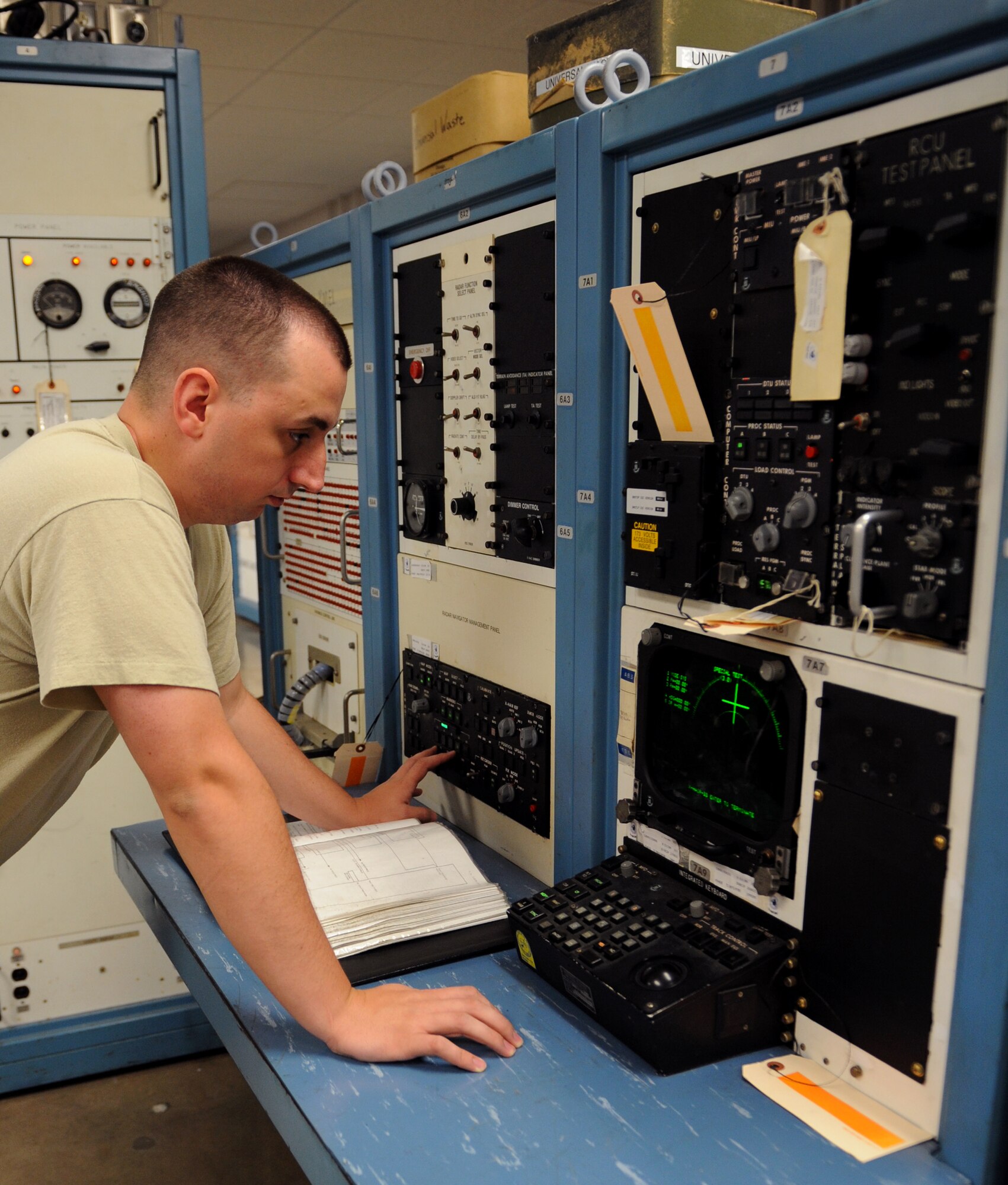 Senior Airman Paul Balough, 2nd Maintenance Squadron communication navigation mission systems journeyman, tests the radar systems used by B-52H Stratofortress aircrew personnel on Barksdale Air Force Base, La., June 18, 2013. Airmen in the avionics section maintain the radar systems used on B-52. (U.S. Air Force photo/Airman 1st Class Benjamin Gonsier)
