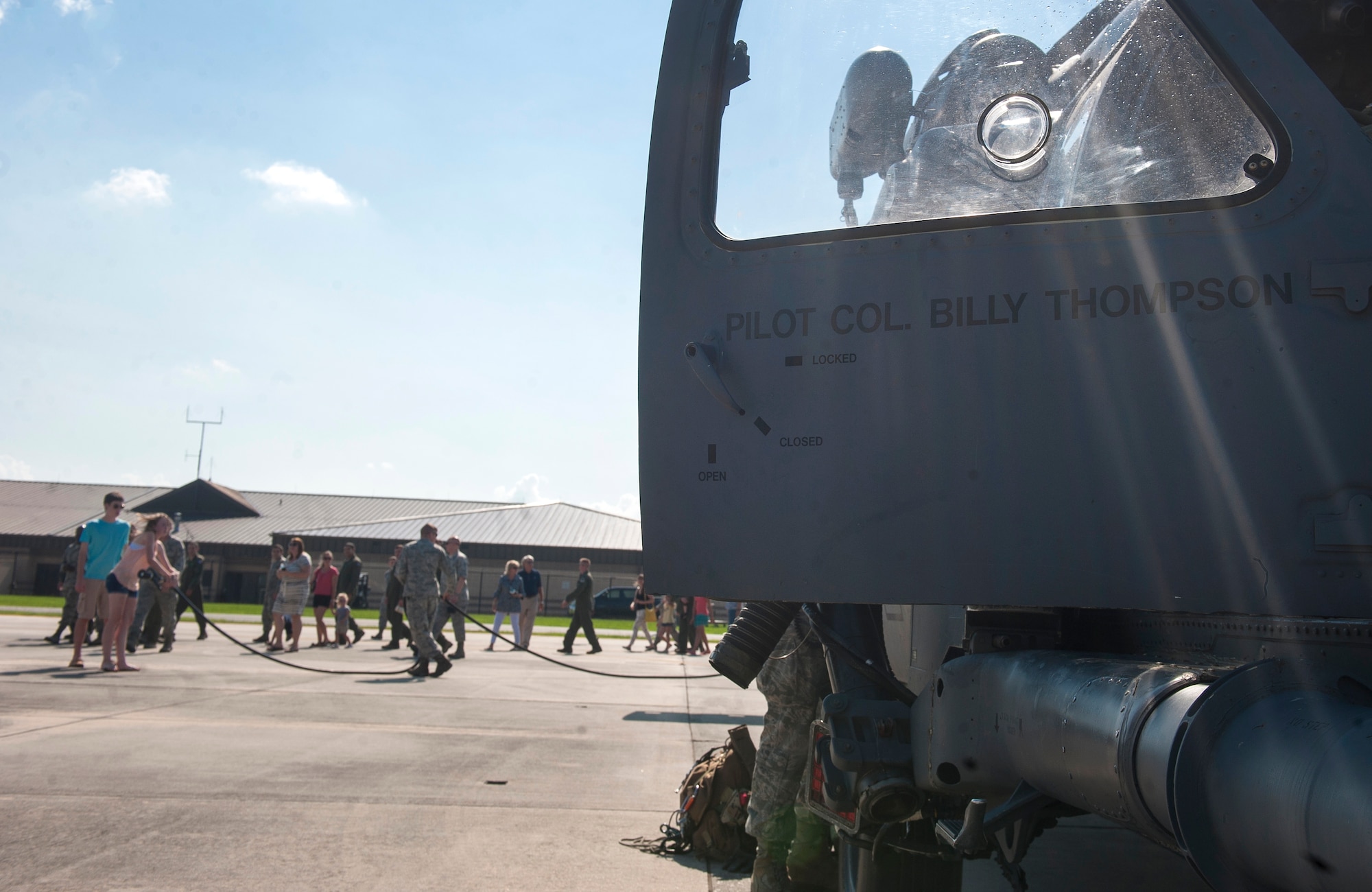 An HH-60G Pave Hawk door displays the name of U.S. Air Force Col. Billy D. Thompson, 23d Wing commander, after his final flight at Moody Air Force Base, Ga., June 14, 2013. This was Thompson’s last flight at Moody before he moves on to become the Air Force Senate Liaison Office chief at the Capitol Building in Washington D.C. (U.S. Air Force photo by Senior Airman Jarrod Grammel/Released)
