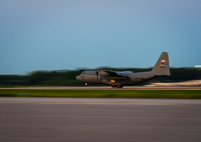 An Air Force Reserve aircrew flying a C-130 Hercules assigned to the 910th Airlift Wing, Youngstown Air Reserve Station, Ohio, lands at Joint Base Charleston –Air Base after performing aerial spraying of mosquitos June 15, 2013, on JB Charleston – Weapons Station, S.C. The insecticide the unit uses is mixed with water to dilute the product. (U.S. Air Force photo/Senior Airman Dennis Sloan)