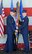 Col. Lance Landrum took the reins of the 388th Fighter Wing during a Change of Command ceremony June 14, 2013, at Hill Air Force Base. From right, Landrum receives the wing guidon from Lt. Gen. Robin Rand, Commander, 12th Air Force, Air Combat Command, and Commander, Air Forces Southern, U.S. Southern Command, who presided over the ceremony while Chief Master Sgt. Daniel McGuire, 388th command chief, looks on. (U.S. Air Force photo by Alex Lloyd/Released).