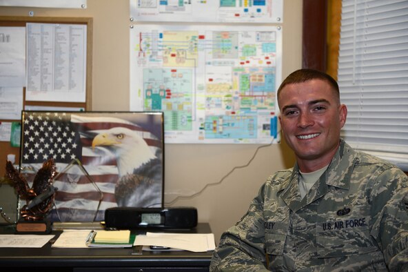 Staff Sgt. Nathan Coley, 20th Communications Squadron ground radar systems supervisor, sits at his desk before preparing for another days work, Shaw Air Force Base, S.C., April 25, 2013. Coley treats each day as a learning and personal growth opportunity, both for himself and his troops. (U.S. Air Force photo by Airman 1st Class Daniel Blackwell/Released)