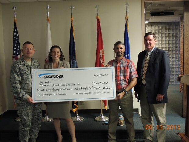 Col. Richard McComb, Joint Base Charleston commander, and the JB Charleston Energy Team receive an incentive check of $25,250 during the Energy Management Steering Group meeting June 13, 2013 at JB Charleston – Air Base, S.C. (Courtesy Photo)