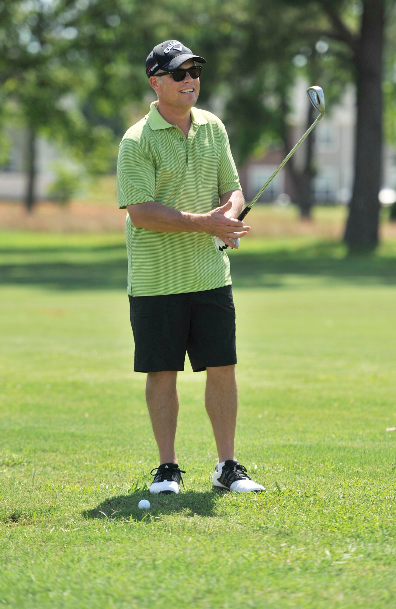 U.S. Air Force Col. Lance Kildron, 20th Fighter Wing vice commander, eyes his shot and mentally prepares to make his swing during the Shaw Chief’s Group’s annual golf tournament June 14, 2013, Shaw Air Force Base, S.C.. While competing for the lowest score, golfers had challenges including a longest drive competition, closest to the pin, and putting contest. (U.S. Air Force photo by Airman 1st Class Jonathan Bass/Released)