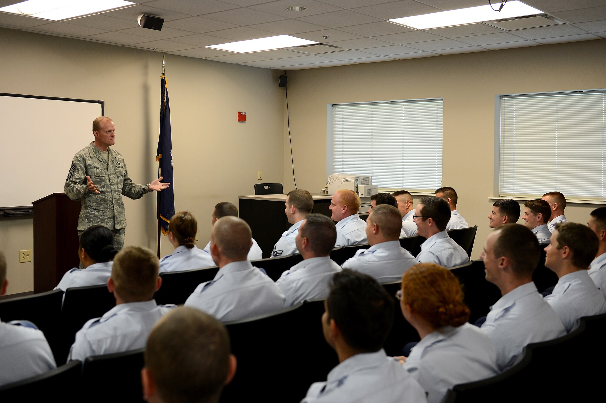 Chief Master Sgt. of the Air Force James Cody holds an Airmen’s call at Shaw Air Force Base, S.C., June 17, 2013. Cody spoke to Airmen about the importance of mutual respect and trust, as well as his main focus areas, which are the deliberate development of Airmen; caring for Airmen and their families; and balancing Airmen’s time. (U.S. Air Force photos by Airman 1st Class Krystal M. Jeffers/Released)