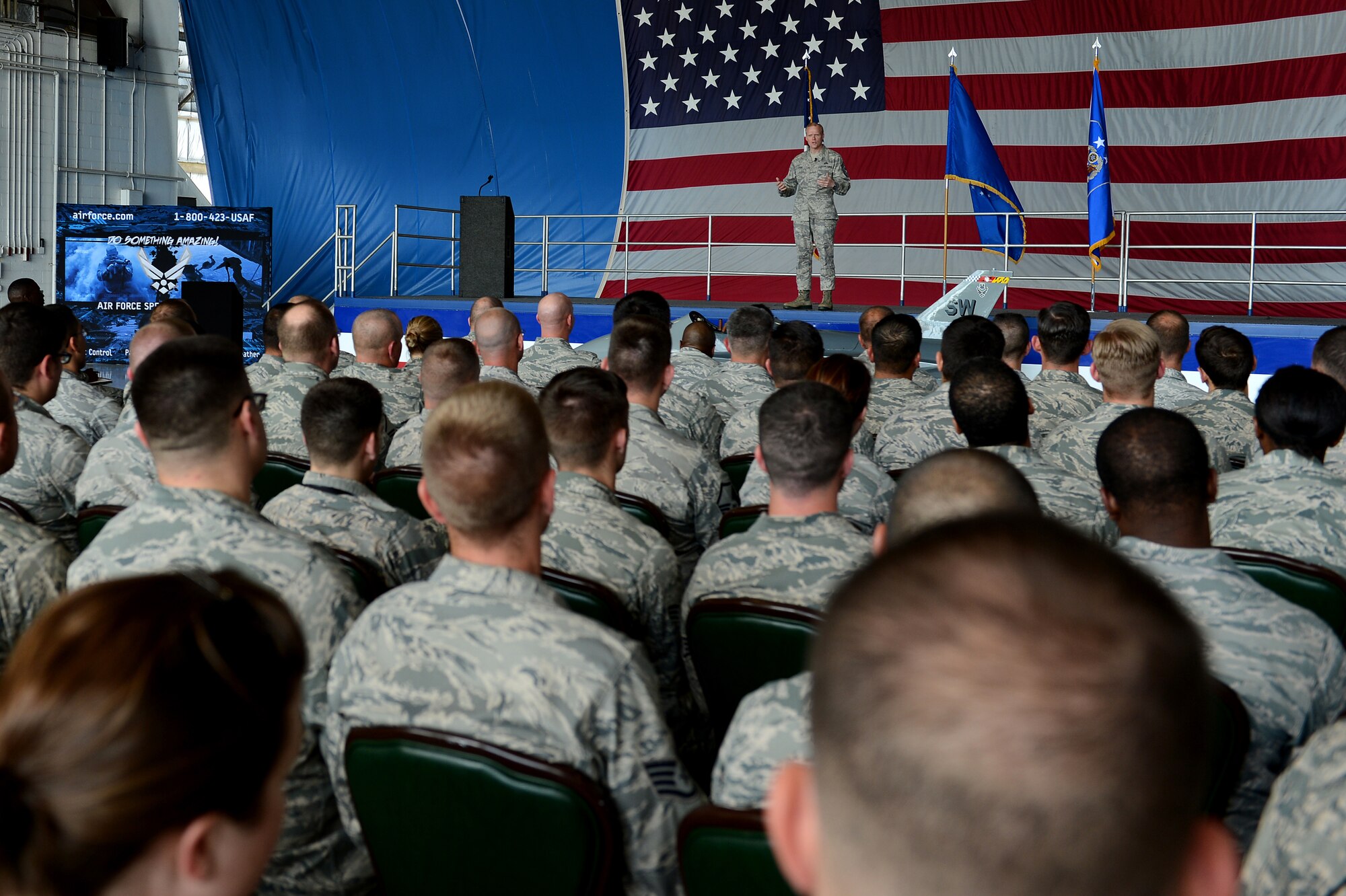 Chief Master Sgt. of the Air Force James Cody holds an Airmen’s call at Shaw Air Force Base, S.C., June 17, 2013. Cody spoke to Airmen about the importance of mutual respect and trust, as well as his main focus areas, which are the deliberate development of Airmen; caring for Airmen and their families; and balancing Airmen’s time. (U.S. Air Force photos by Airman 1st Class Krystal M. Jeffers/Released)