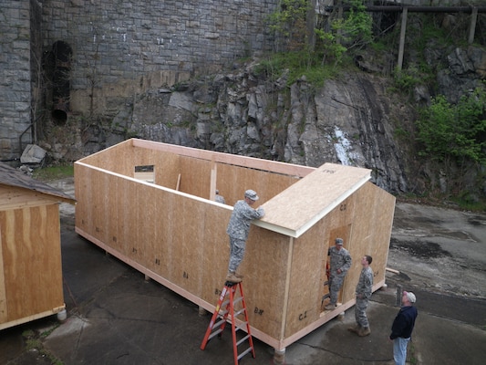 U.S. Military Academy (USMA) at West Point Cadets construct a Structural Insulated Panel (SIP) Hut structure. 