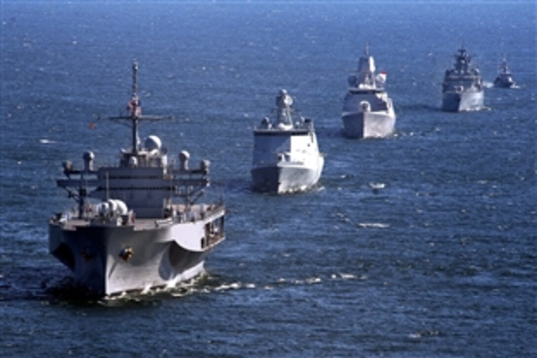 The amphibious command ship USS Mount Whitney leads a formation during exercise Baltic Operations 2013 in the Baltic Sea, June 16, 2013. Now in its 41st year, the annual, multinational exercise aims at enhancing maritime capabilities and interoperability with partner nations to promote maritime safety and security in the Baltic Sea.