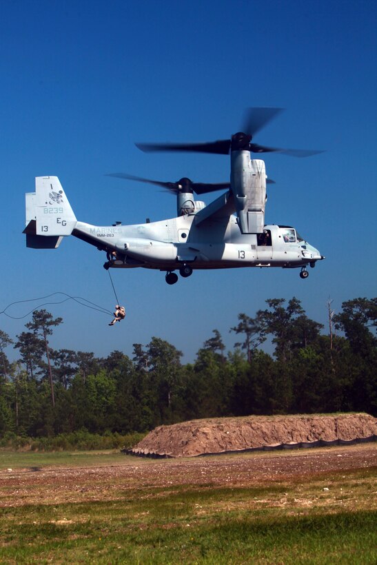 A Marine with Special Operations Training Group conducts helicopter rope suspension training from an MV-22B Osprey with Marine Medium Tiltrotor Squadron 263 June 13 at Landing Zone Vulture aboard Camp Lejeune. 