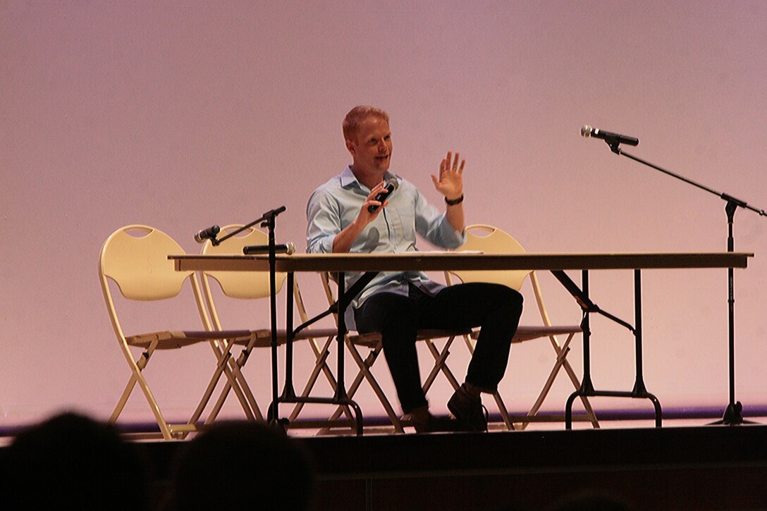 Brendan Griffin performs a play for Marines and Sailors at the “Rum and Vodka” interactive presentation at the air station theater, June 14. The play was of a 24-year-old alcoholic living in Dublin whose life is falling apart as a result of drinking. Bryan L. Doerries, artistic director of the company Outside the Wire, began in 2006 with his first project, “Theater of War.” He performed his shows at military installations. From that project’s success, the play “Rum and Vodka” began.