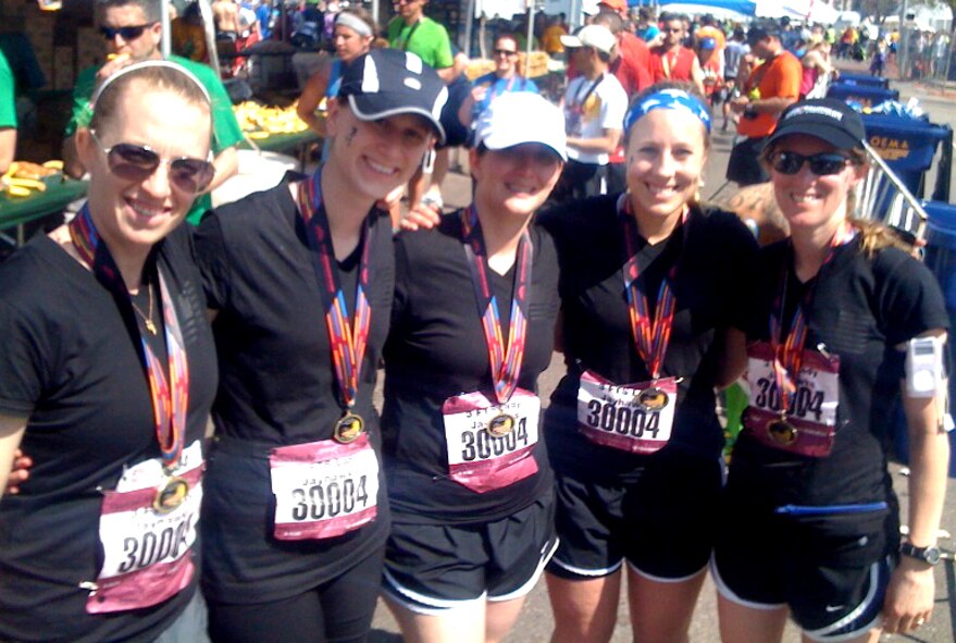 Team Vance runners participated in the 13th annual Memorial Marathon held in Oklahoma City in late April. The “Lady Jayhawks” relay team included, from left, Capt. Kristen Franke, Danielle Smorol, Megan Martin, 1st Lt. Michelle Bosch and Lt. Col. Michelle Pryor. (Courtesy photo)