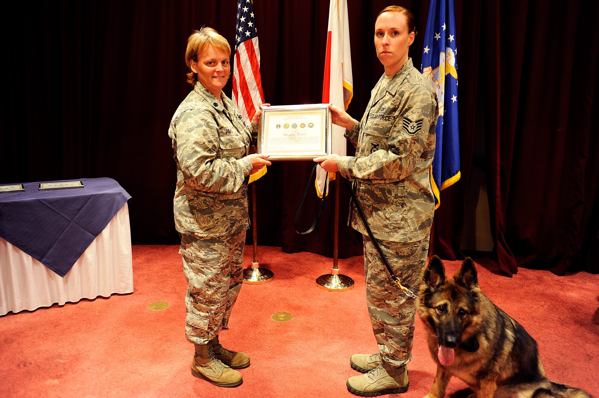 U.S. Air Force Lt. Col. Kathy Jordan, 18th Security Forces Squadron commander, presents Staff Sgt. Codi Carter, 18th SFS military working dog trainer, and her newly adopted MWD, Shara, a MWD Certificate of Meritorious Service during the MWD retirement ceremony on Kadena Air Base, Japan, June 13, 2013. MWD Shara performed nearly 16,000 detector sweeps during her service. Carter is Shara’s 10th and final handler. (U.S. Air Force photo by Senior Airman Maeson L. Elleman/Released) 