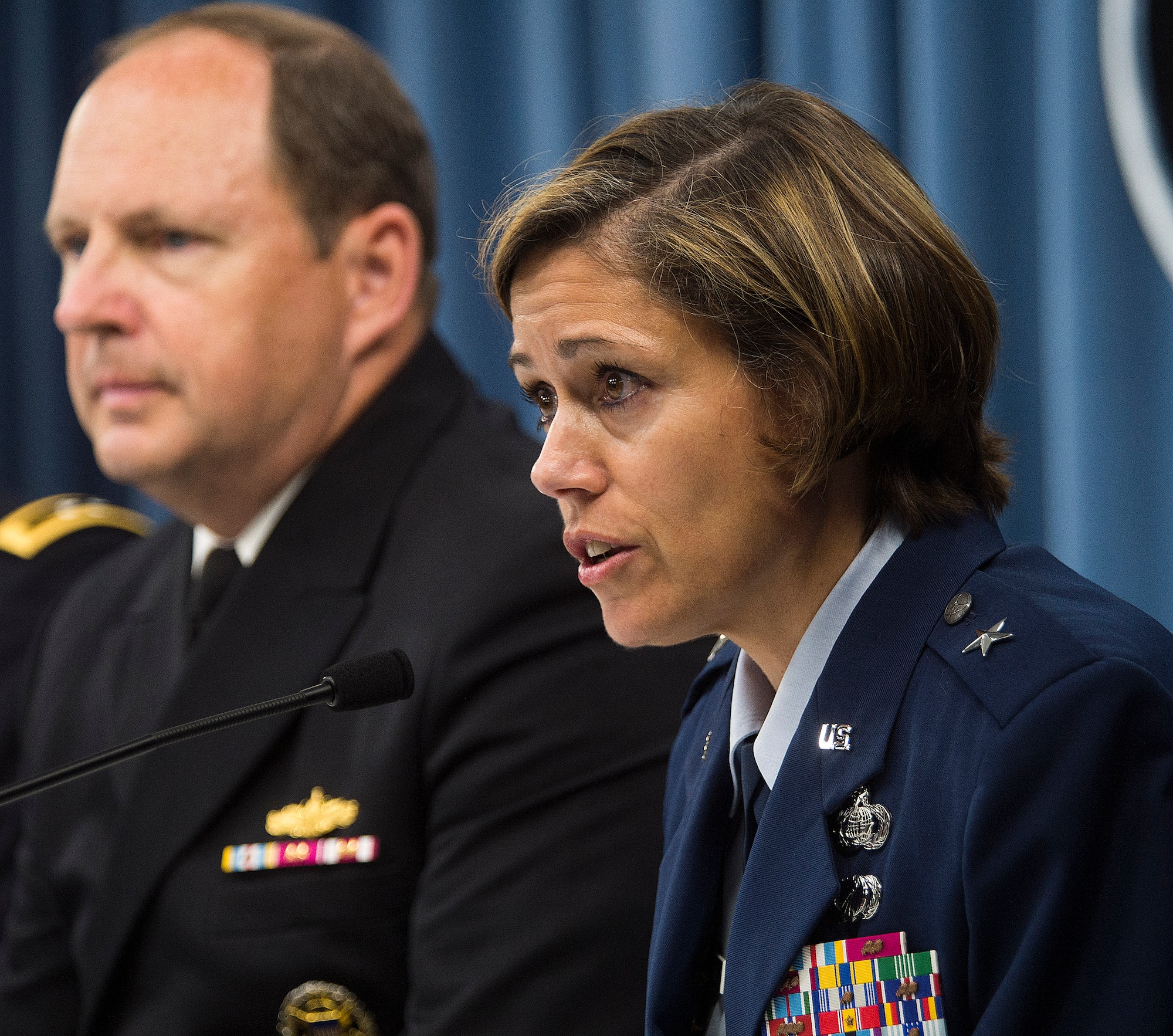 Brig. Gen. Gina Grosso answers questions about the Air Force's plans to fully integrate women into previously closed career fields during a press conference in the Pentagon, Washington, D.C., on June 18, 2013. Grosso is the director of Force Management Policy and deputy chief of staff for Manpower, Personnel and Services, Headquarters Air Force. (U.S. Air Force photo/Jim Varhegyi)