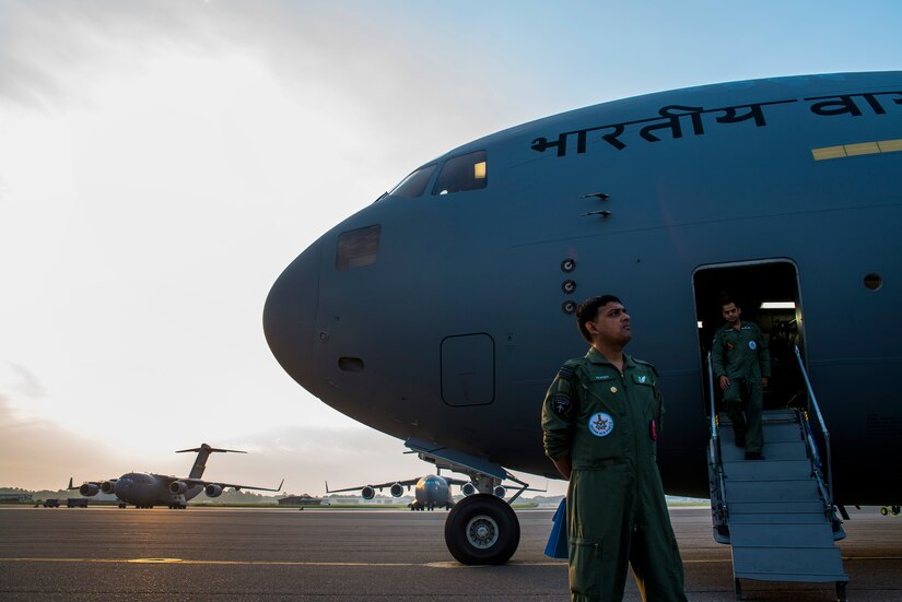 Indian air force Wing Commander Praveen  waits for the aircraft commander to arrive June 13, 2013, at Joint Base Charleston – Air Base, S.C. The Indian air force received its first of 10 C-17 Globemaster IIIs from Boeing, with the remainder being delivered through 2014. (U.S. Air Force photo/ Senior Airman George Goslin)