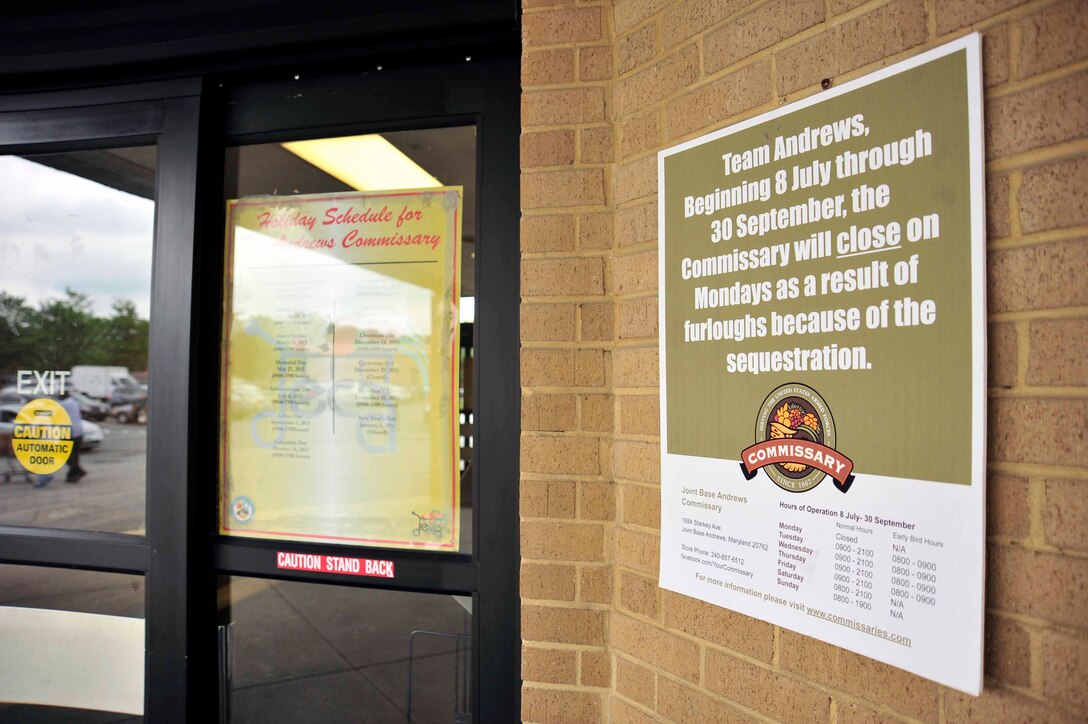 The commissary at Joint Base Andrews, Md., is slated to close Mondays due to a sequester-driven furlough of DoD civilian employees.  The Defense Commissary Agency determined the Monday closures would have the least negative effects on customers, employees and suppliers. (U.S. Air Force photo/Staff Sgt. Torey Griffith)