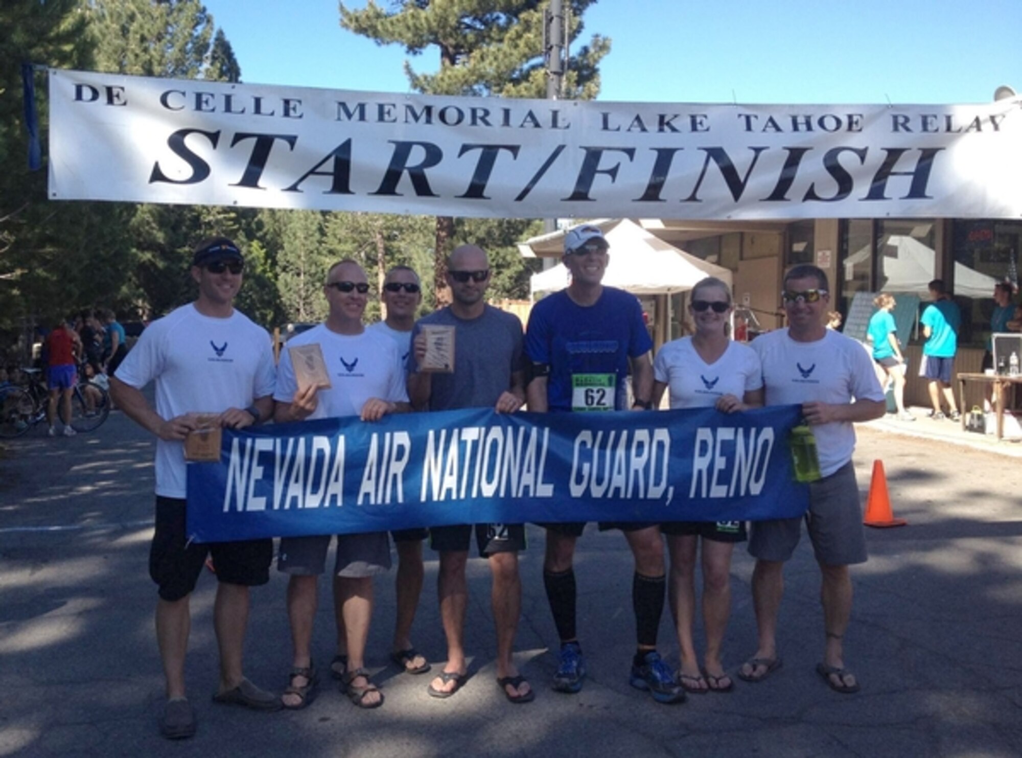 The Nevada Air National Guard team took first place in the corporate division of the 49th Annual DeCelle Memorial Lake Tahoe Relay on June 8. The team included, l to r, Staff Sgt. Joey Hodges, Senior Master Sgt. James Lindsay, Master Sgt. Sean O’Brien, 1st Lt. Masten Bethel, Maj. Jared Brandt, Staff Sgt. Katie Cromeenes and Master Sgt. Chris Barber.  NV ANG photo courtesy of 152nd Civil Engineer Squadron (released).