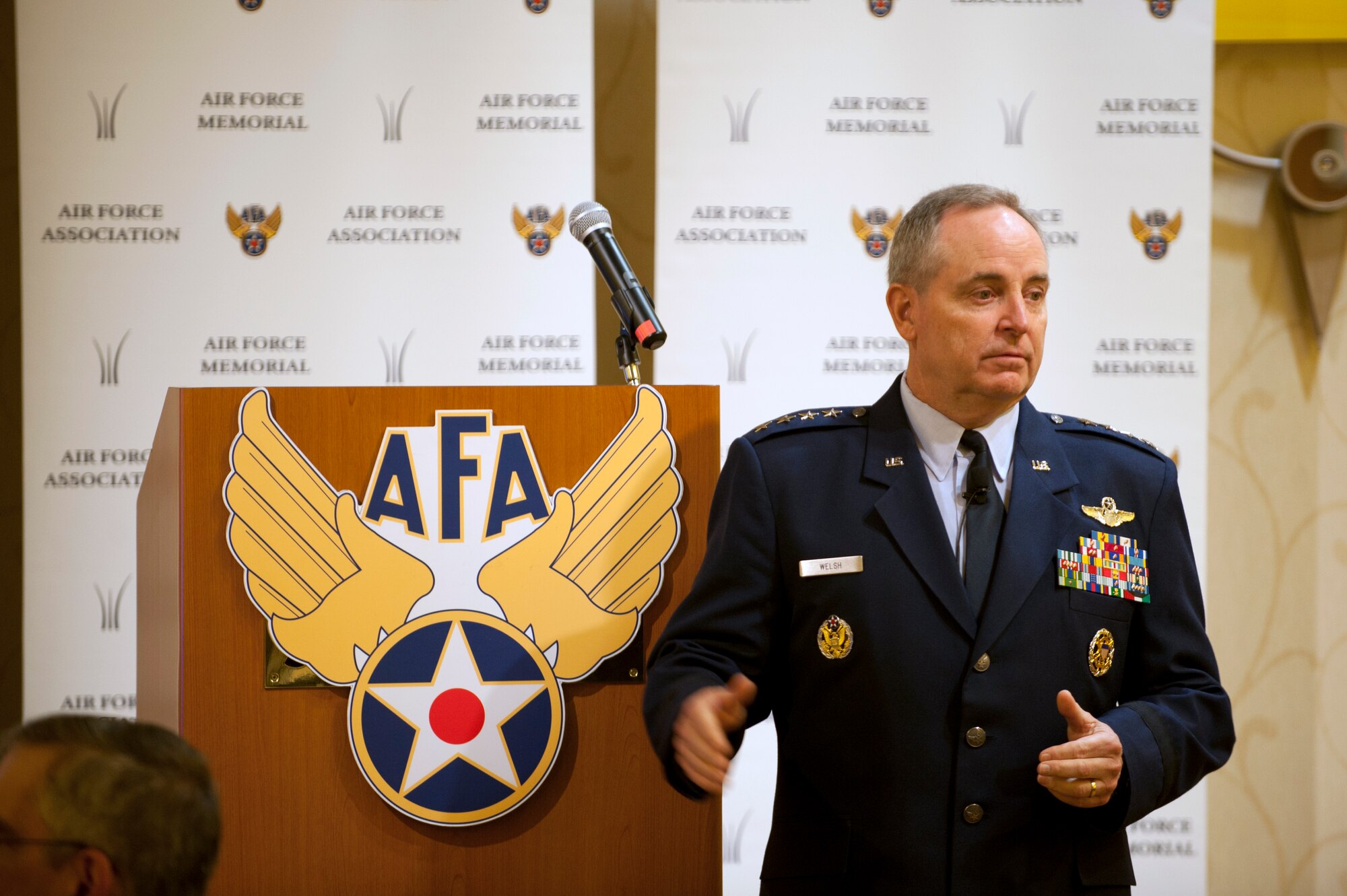 Gen. Mark Welsh, Chief of Staff of the U.S. Air Force, speaks during the Air Force Association breakfast in Arlington, Va., June 17, 2013. Welsh gave comments on where the Air Force is today and where it hopes to be in 2023 and that the Airmen serving today, can and will solve the issues of the Air Force. (U.S. Air Force photo/Senior Airman Carlin Leslie)

